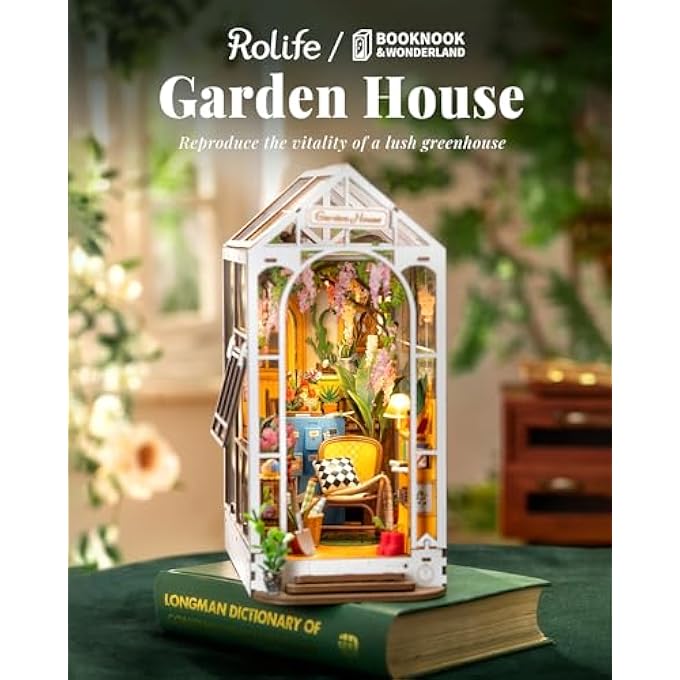 DIY BOOK NOOK KIT WOODEN 3D PUZZLE BOOKENDS 9.5" GARDEN HOUSE MINIATURE KIT WITH LED BOOKSHELF DECOR ARTS AND CRAFTS FOR ADULTS FAMILY PROJECT HOBBY CREATIVE GIFTS FOR GIRLS BOYS CHRISTMAS - Image 2